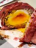 Bacon Wrapped Rice Ball with Soft Boiled Egg