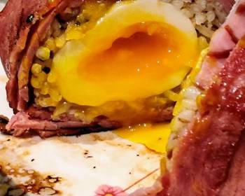 Easy Cooking Recipe Bacon Wrapped Rice Ball with Soft Boiled Egg Delicious