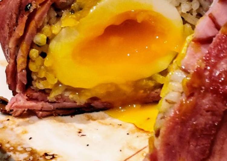 Steps to Prepare Favorite Bacon Wrapped Rice Ball with Soft Boiled Egg