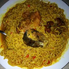 A picture of Indomie with meat and fish.