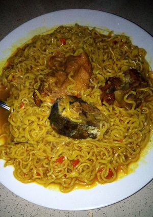 A picture of Indomie with meat and fish.