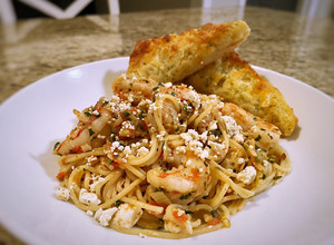 A picture of Mediterranean shrimp pasta.