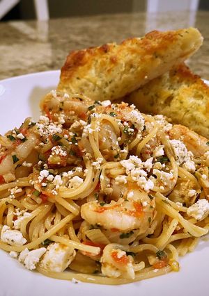 A picture of Mediterranean shrimp pasta.