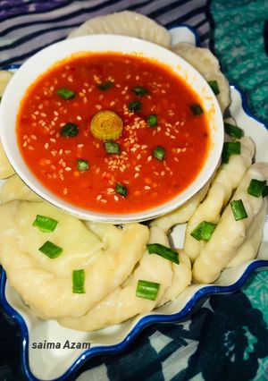 A picture of Chicken momos (dumpling)چکن موموس (ڈمپلنگ) 💞.