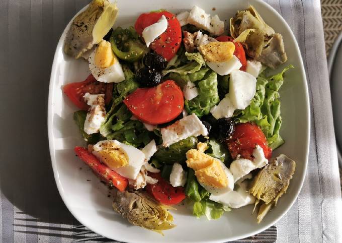 Salade italienne artichaut, mozzarella, olives et tomates 🇮🇹