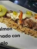 Salmón gratinado con arroz a las finas hierbas del pirineo