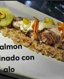 Salmón gratinado con arroz a las finas hierbas del pirineo