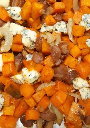 Une photo de Gratin patate douce,fourme d'Ambert et marrons
