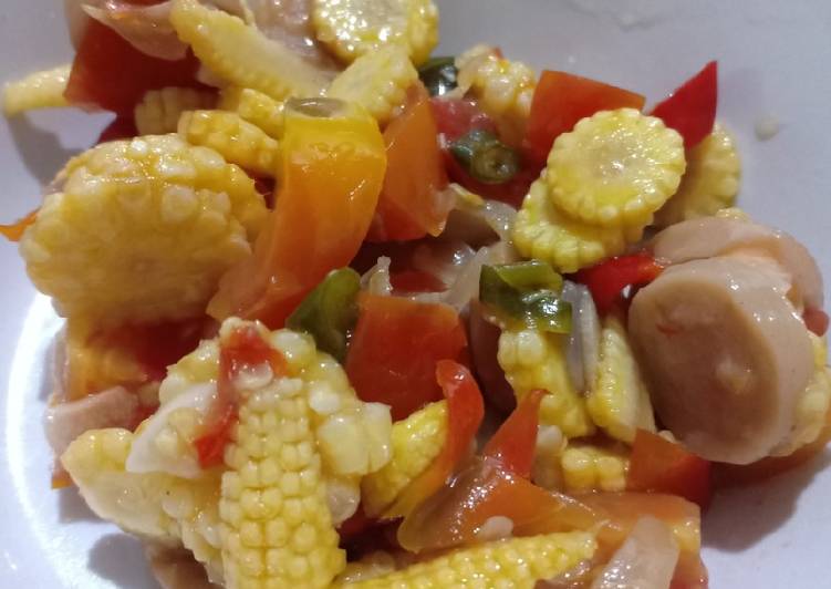 Resep Tumis jagung baby, sosis dan tomat Anti Gagal