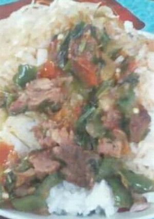 A picture of Beef stew with Rice.