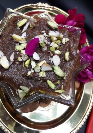 A picture of Instant Moong badam pistachio dal halwa.