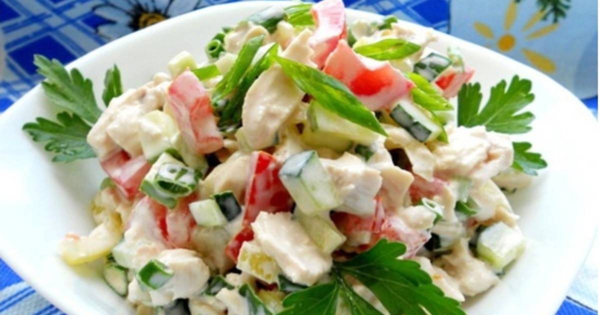 Салат с огурцом и горошком. Салат с копчёной курицей и сельдереем. Вкусный салат с курицей с огурцами. Салат помидор огурец копченая курица. Салат.