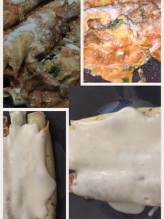 Una foto de Canelones con salsa blanca y salsa de tomate y blanca