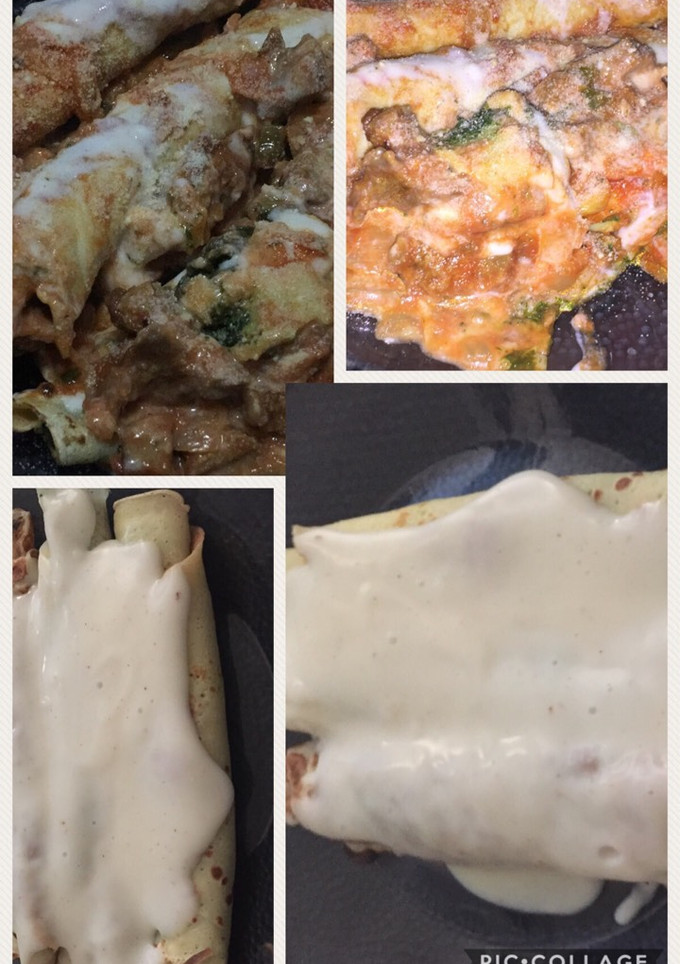 Una foto de Canelones con salsa blanca y salsa de tomate y blanca