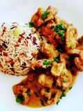 Mollejas de pollo al curry con arroces de colores