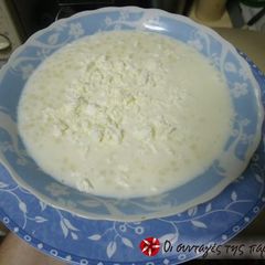 A picture of Trahana with milk and feta cheese.
