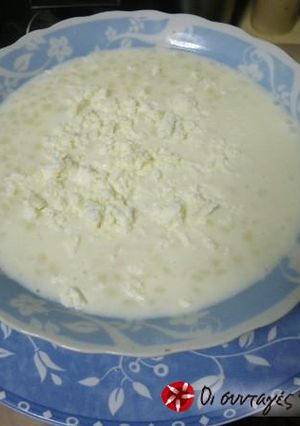 A picture of Trahana with milk and feta cheese.