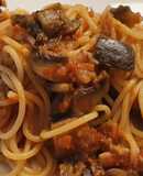 Spaghetti con berenjena y champiñones Portobello