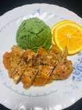 Vegano Pecho de Pollo con jugo de Naranja al Horno con Puré de Epinaca!