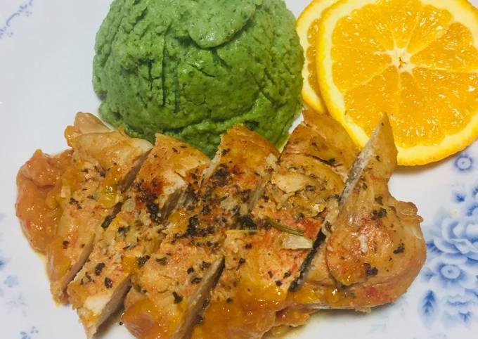 Vegano Pecho de Pollo con jugo de Naranja al Horno con Puré de Epinaca Receta de yenit julia