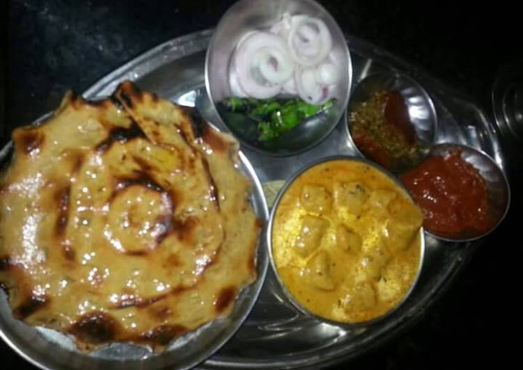 Recipe of Yummy Khooba roti, gatte ki sabji, lahsun chutney mirch achar, salad