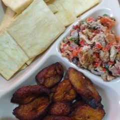 A picture of Fried yam and plantain with scramble egg.