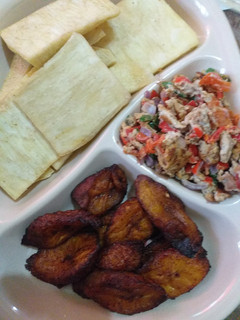 A picture of Fried yam and plantain with scramble egg.