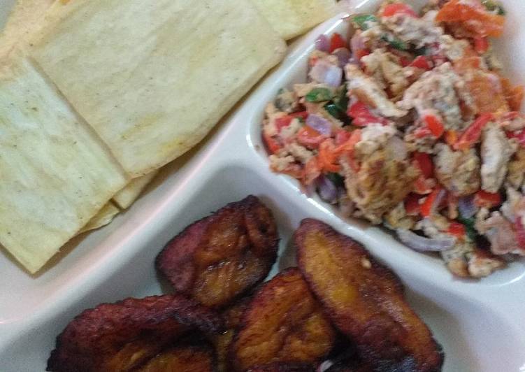 Fried yam and plantain with scramble egg