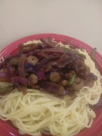 Recipe Stir fry prawns with spaghetti the Delicious Makes you drool