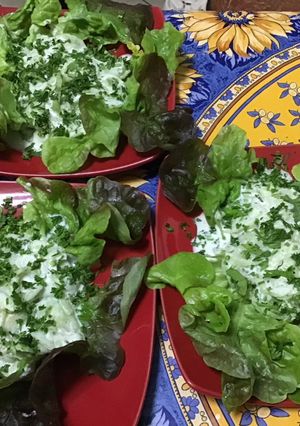 Une photo de Concombre mariné crème et herbes salade feuille de chêne