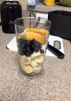 A picture of Blueberry Peach Banana Smoothie 🍌🫐🍑.