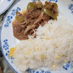 Beef dry chilli with egg fried rice A picture of Beef dry chilli with egg fried rice.