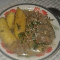 Semi Ripe Plantain in Assorted Goat meat pepper soup A picture of Semi Ripe Plantain in Assorted Goat meat pepper soup.