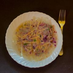 A picture of Udon noodles in Rice Paper Pancake.