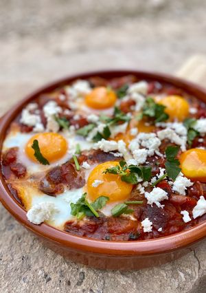 A picture of Shakshuka - Vegetable Stew with Spices and Egg.