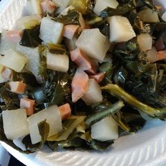 A picture of Collards, Ham, and Turnip Root.