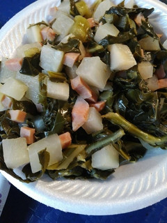 A picture of Collards, Ham, and Turnip Root.