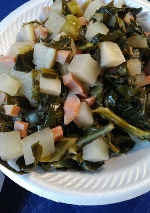 A picture of Collards, Ham, and Turnip Root.