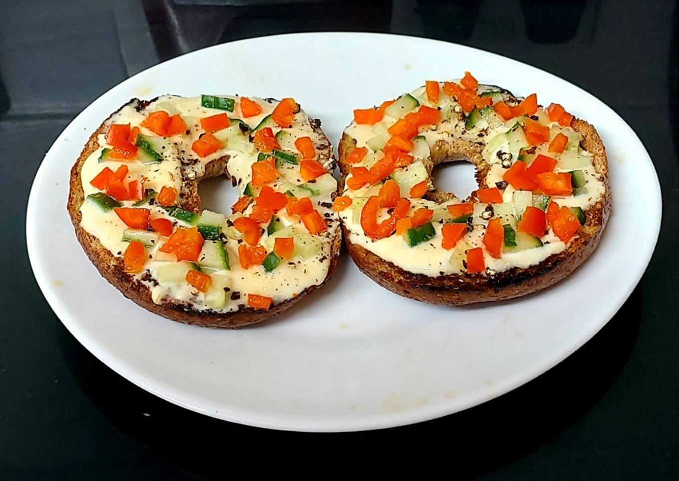 My Toasted Open Bagel with Soft Cheese,Cucumber & Sweet Pepper😍