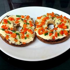 A picture of My Toasted Open Bagel with Soft Cheese,Cucumber & Sweet Pepper😍.