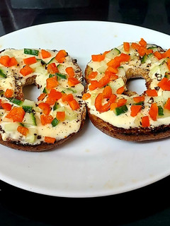 A picture of My Toasted Open Bagel with Soft Cheese,Cucumber & Sweet Pepper😍.