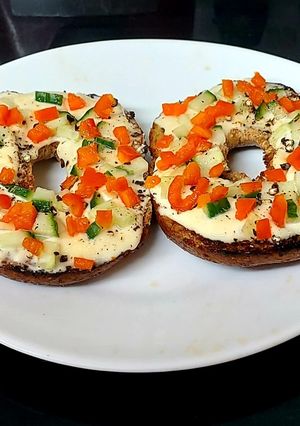A picture of My Toasted Open Bagel with Soft Cheese,Cucumber & Sweet Pepper😍.
