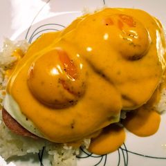A picture of Spam, garlic rice, and spicy cheddar loco moco.