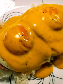 A picture of Spam, garlic rice, and spicy cheddar loco moco.