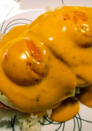 A picture of Spam, garlic rice, and spicy cheddar loco moco.