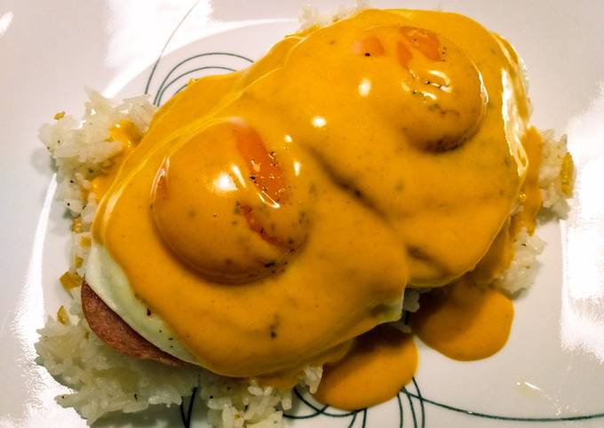 Recipe of Award-winning Spam, garlic rice, and spicy cheddar loco moco