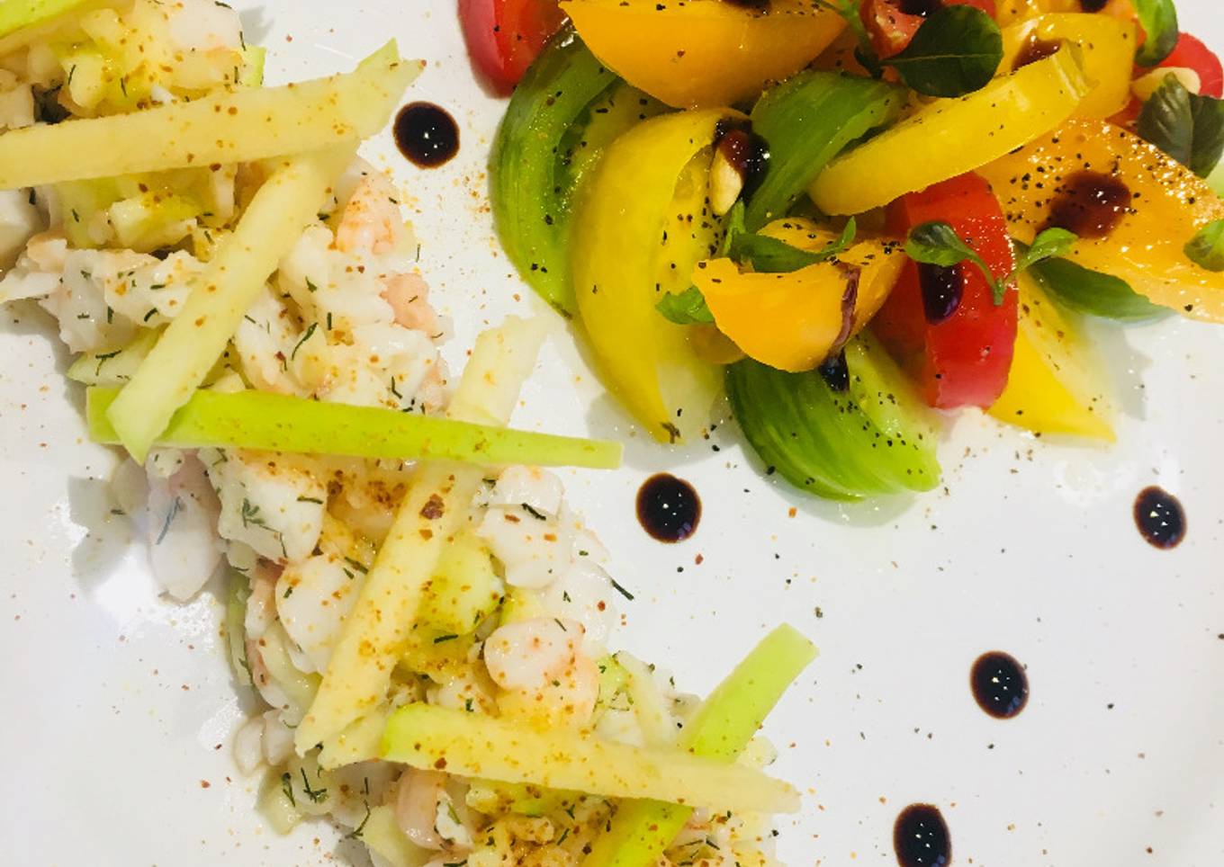 Tartare de Gambas à la Pomme Granny Smith et Salade Tomates colorées