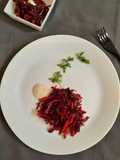 Wilted red velvet salad served with coconut cream