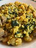 Meloso de arroz con presa ibérica, gambitas y espinacas …