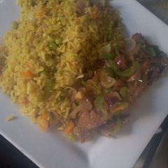 A picture of Fried rice with shredded beef.